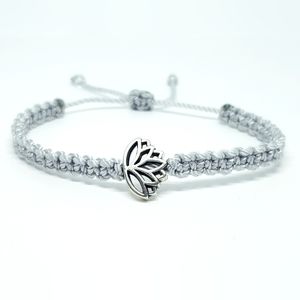 Lotus flower bracelet, silver string braided bracelet, silver lotus charm